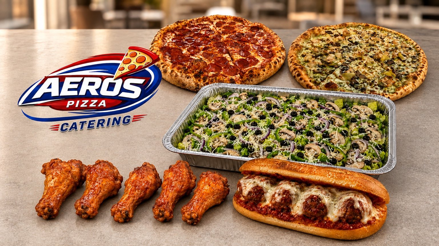 Aeros Pizza catering spread with two pizzas, a salad tray, wings and a meatball sub