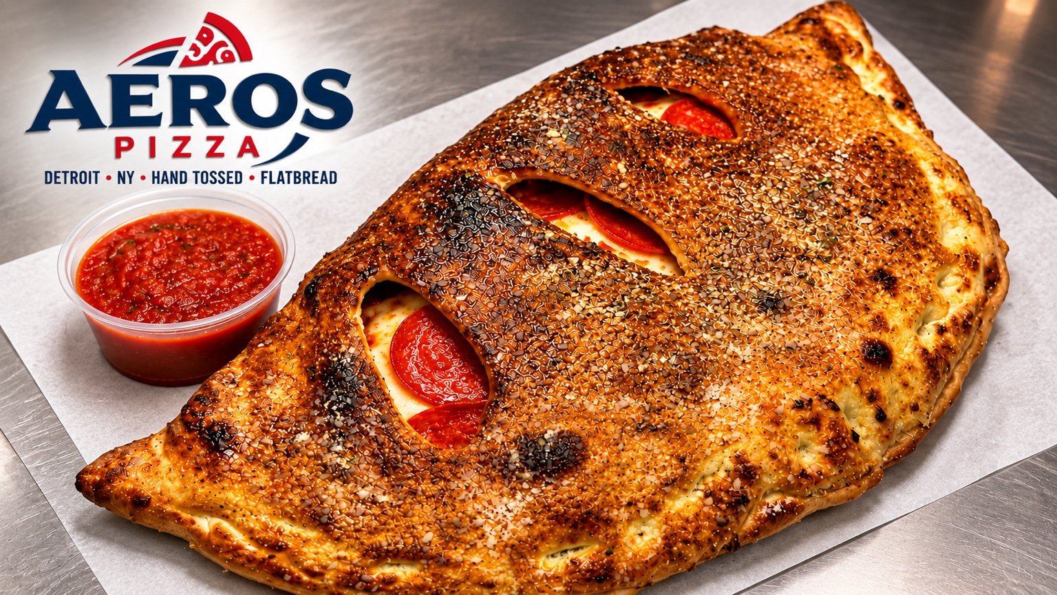 Aeros golden baked calzone with pepperoni and a cup of red sauce