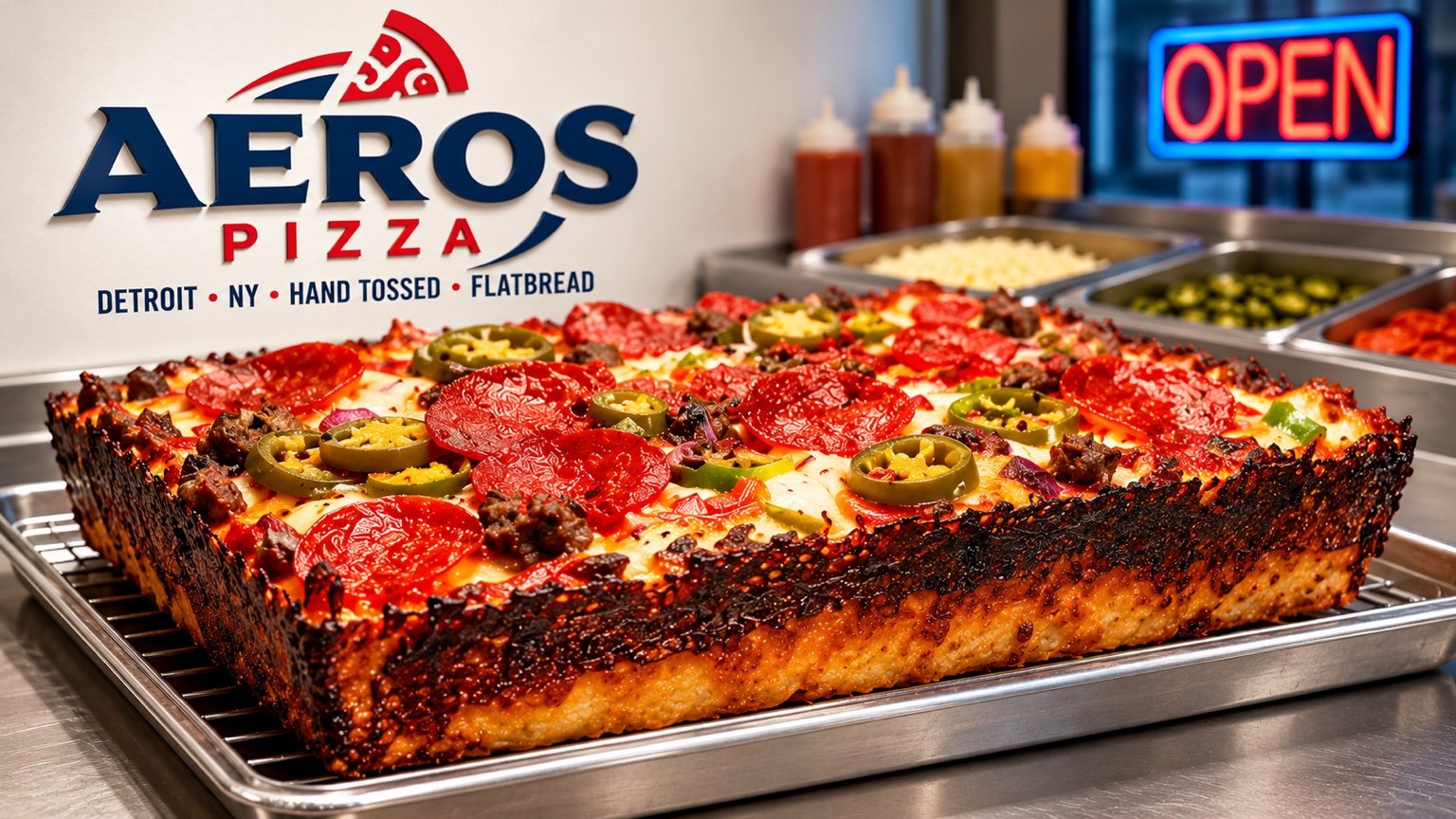 Aeros Detroit-style pizza with pepperoni, jalapeños, and crispy cheese edges