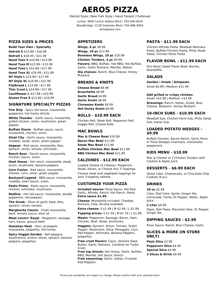 Printable Aeros Pizza menu with pizza sizes, specialty pizzas, appetizers, pasta, bowls, salads, subs, desserts and drinks.