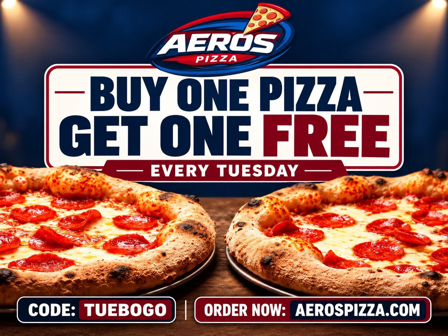 Aeros Pizza Buy One Pizza Get One Free Every Tuesday, code TUEBOGO