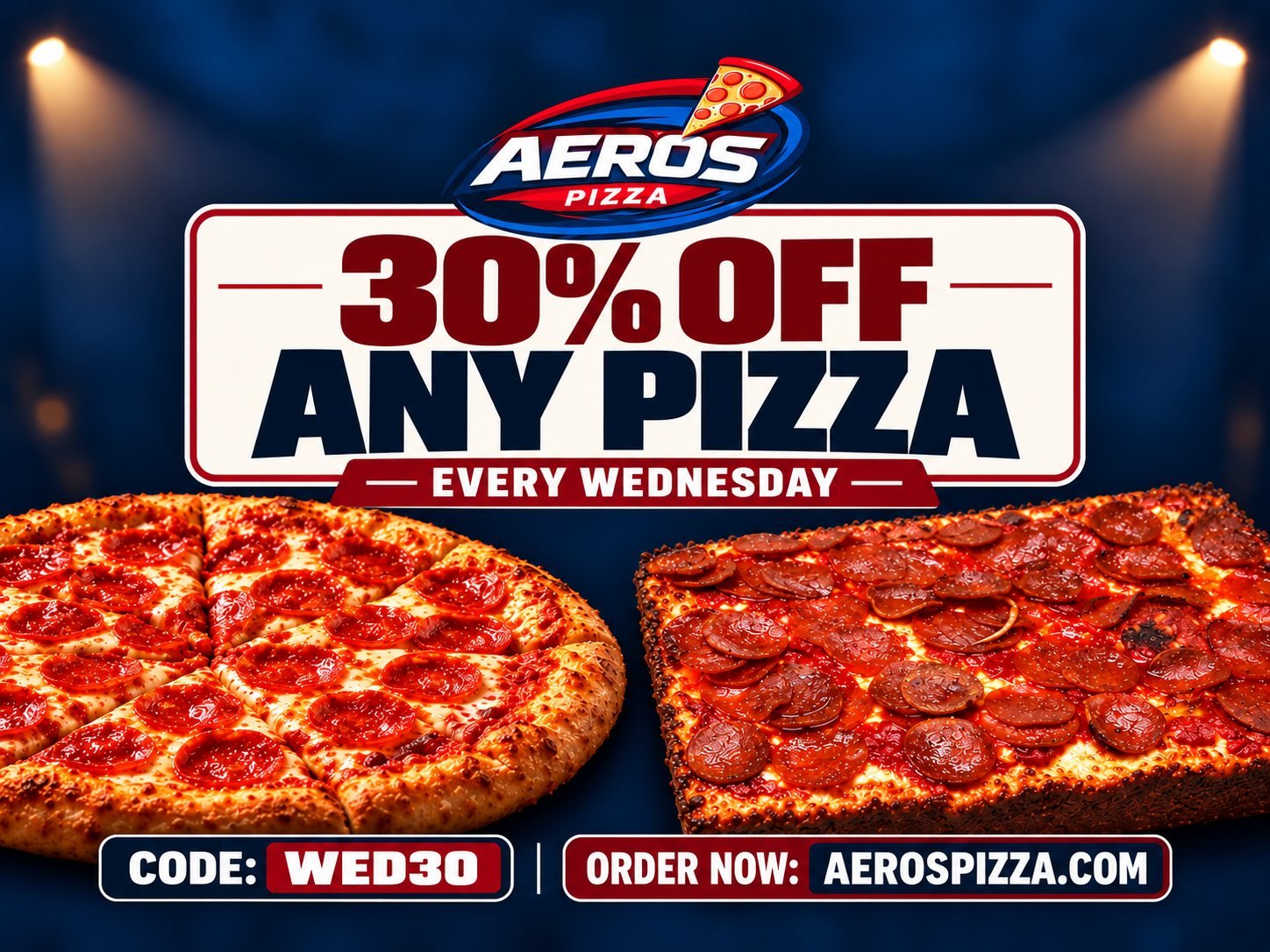 Aeros Pizza: 30% off any pizza every Wednesday, code WED30